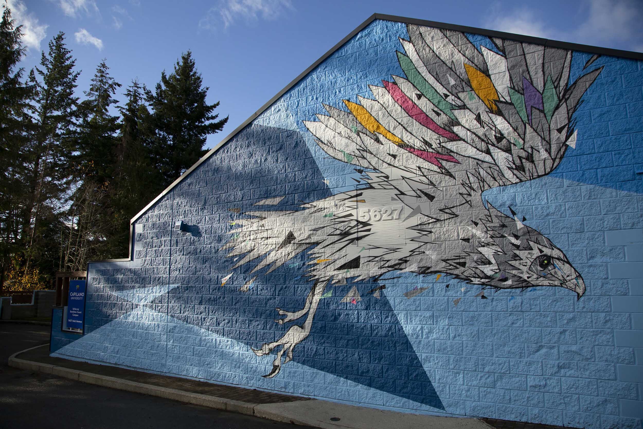 Artist Ben Tour's mural of bird flying at Capilano University for VMF