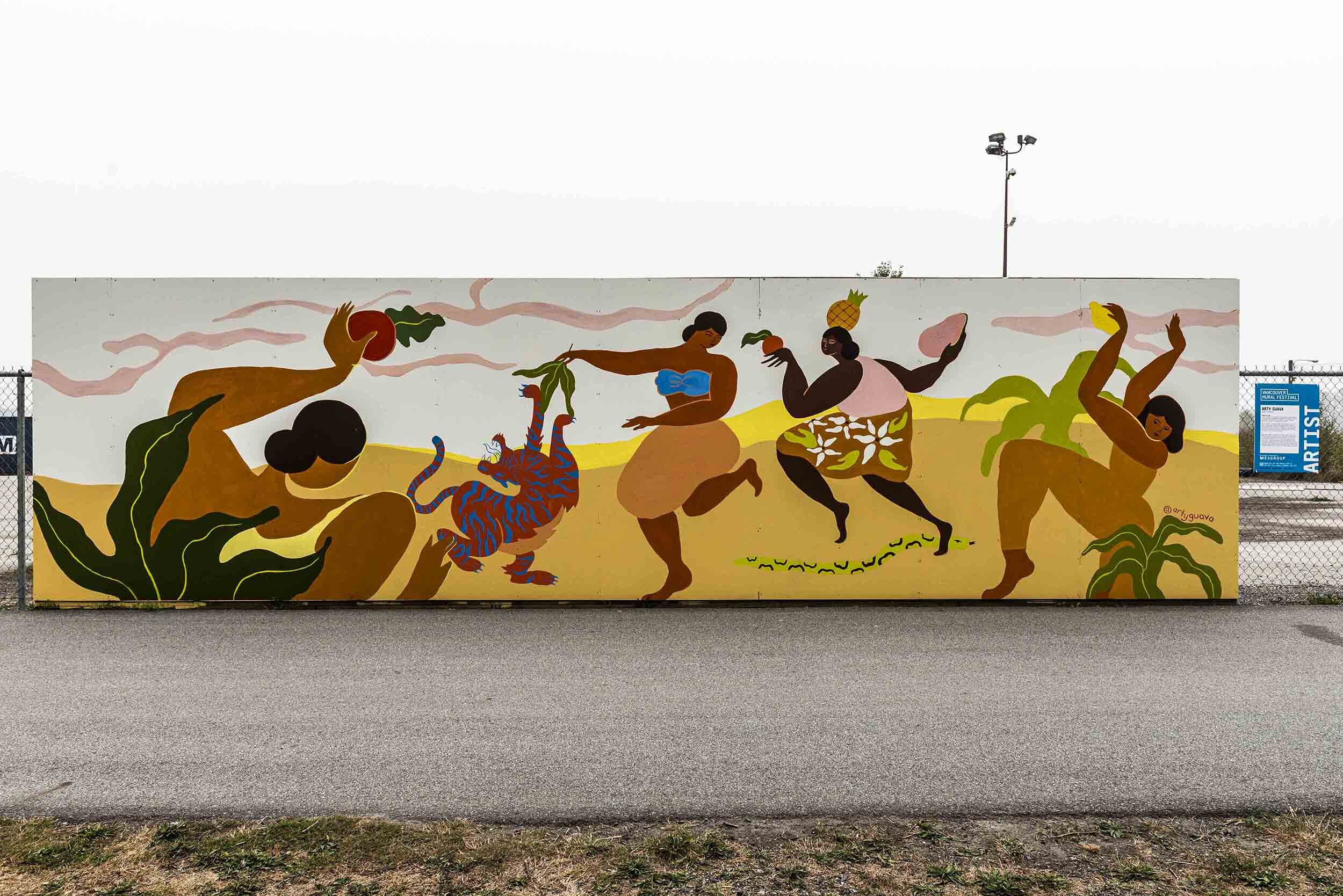 Local Artist Arty Guava's public art mural in River District Vancouver for Vancouver Mural Festival 2020