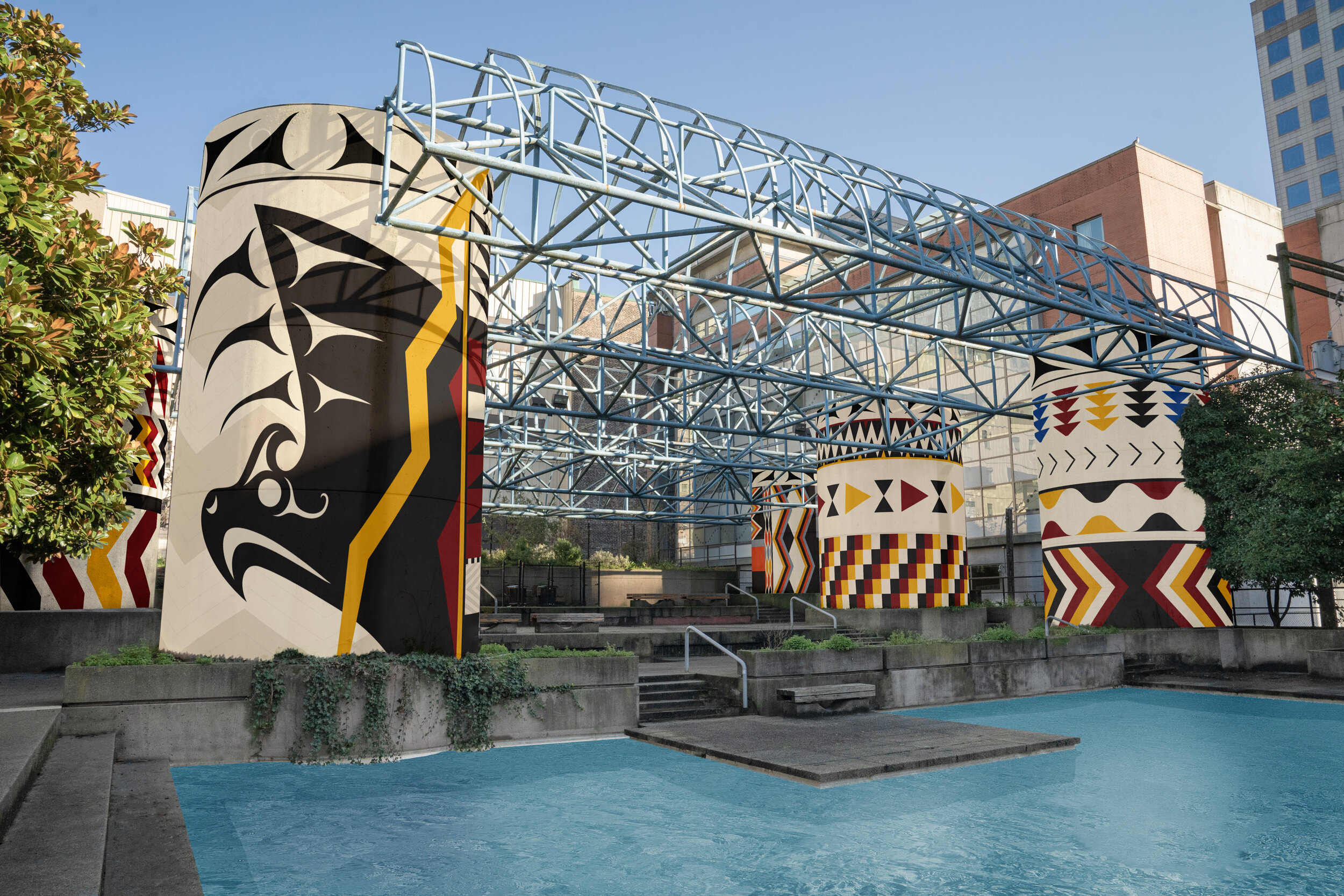 Rendering of the finished project with black, red, and gold patterned murals wrapping BC Hydro cylinders
